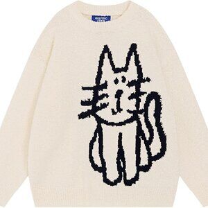 Women's Pullover Sweater Hand Drawn Cat Graphic Printed Oversized Sweater Fall W